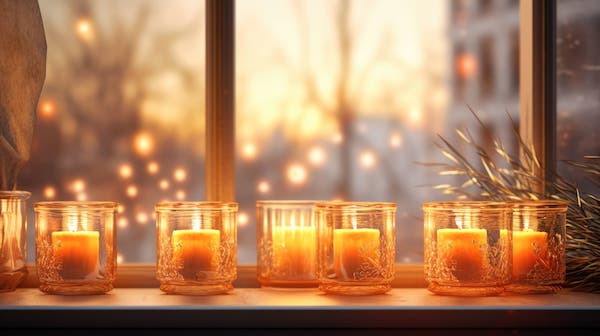 lit tea lights in winter window